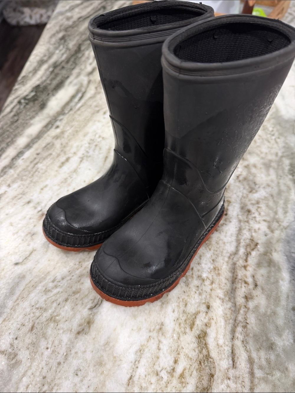 Black Rubber Rain Boots with Brown Soles
